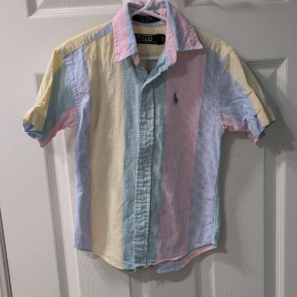 Polo Ralph Lauren Stripe Bottom Up Shirt Boys 7 Pastel Spring Easter Pink Yellow